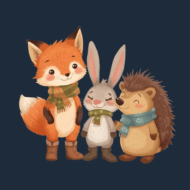 Automne Animaux de la forêt mignons avec écharpe et bottes