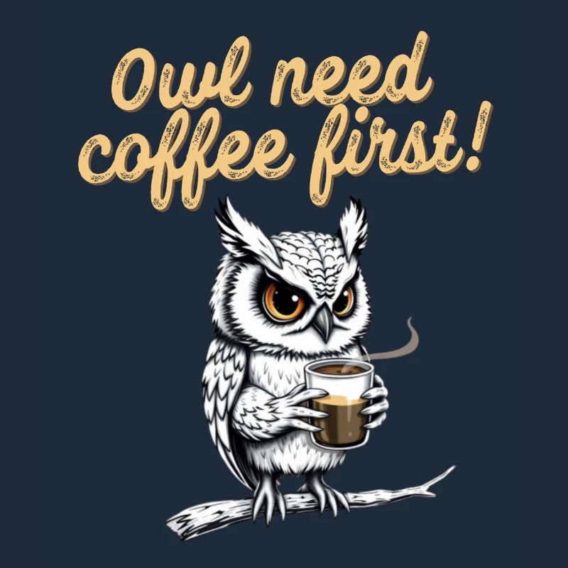 Funny Owl Drinks Coffee Saying Caffeine First
