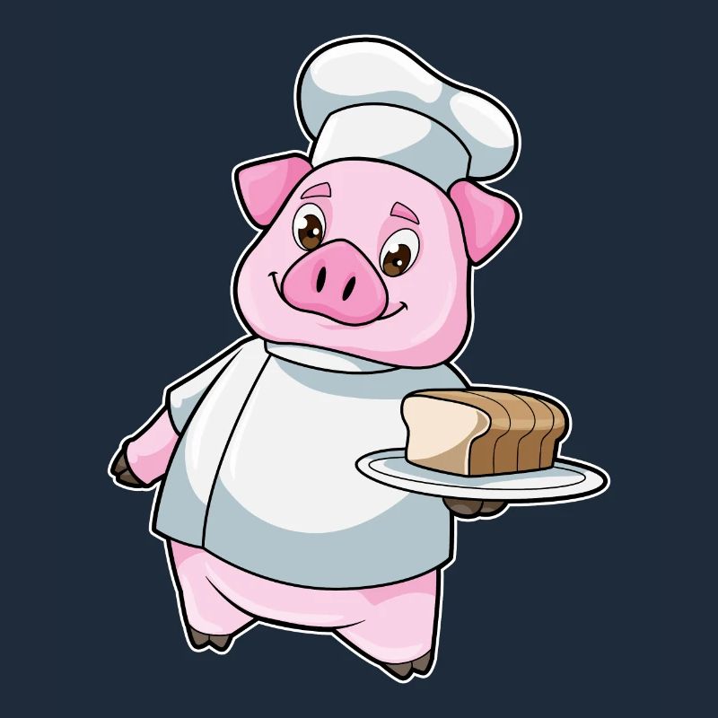 Pig as a cook with a platter and cake