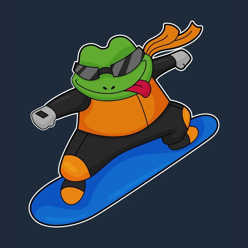 Frosch als Snowboarder mit Snowboard