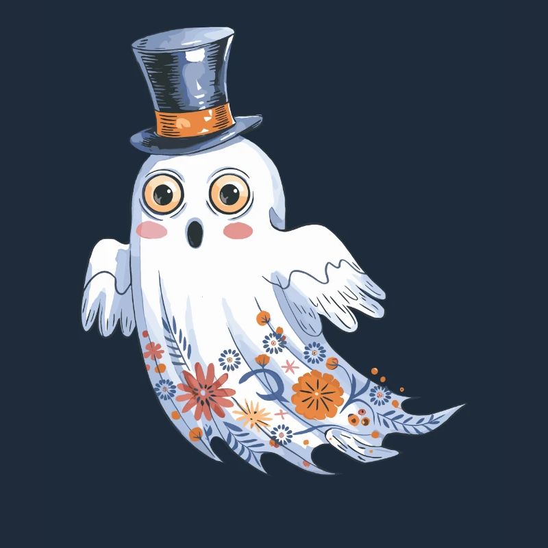 Halloween Ghost With Top Hat And Floral Pattern