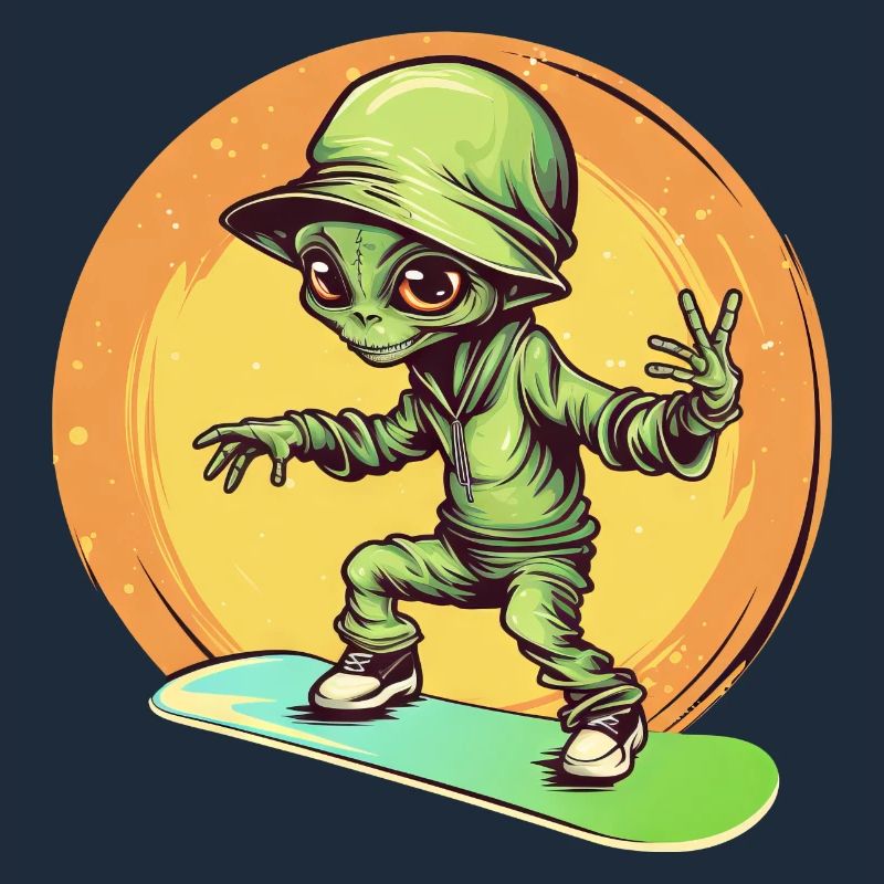 Alien auf dem Space-Skateboard beim Sunset