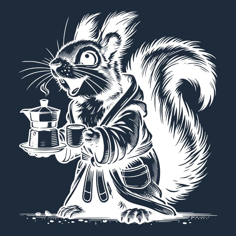 Squirrel with strong coffee in bathrobe