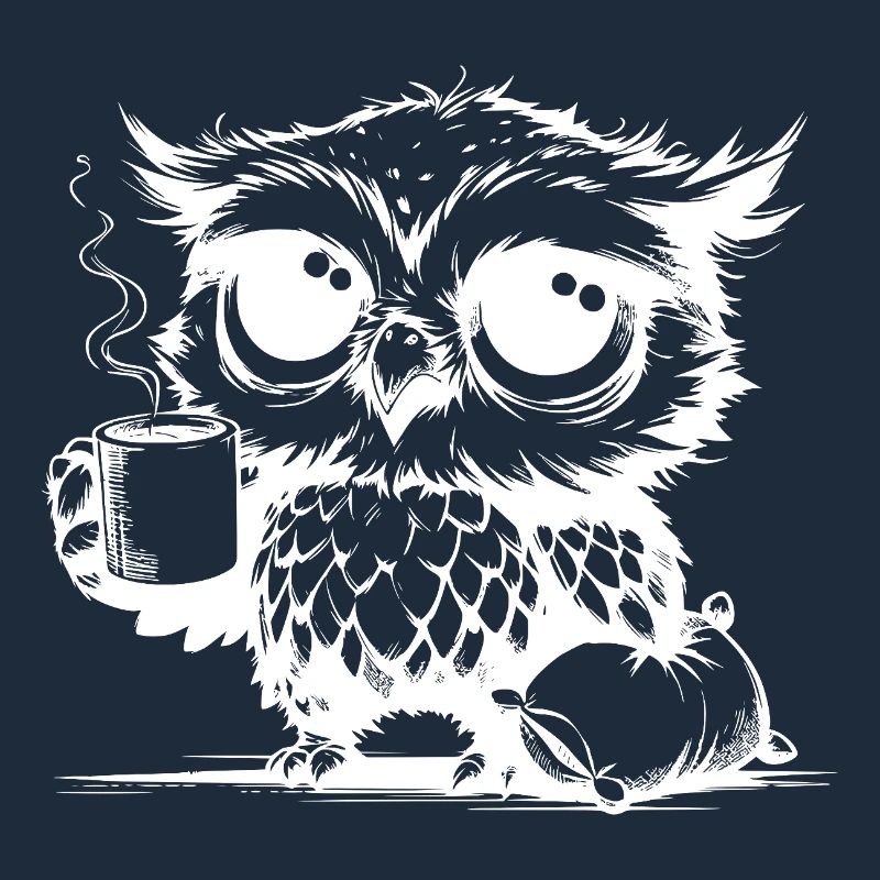 Verschlafene Eule die Kaffee zur Pflicht erklärt