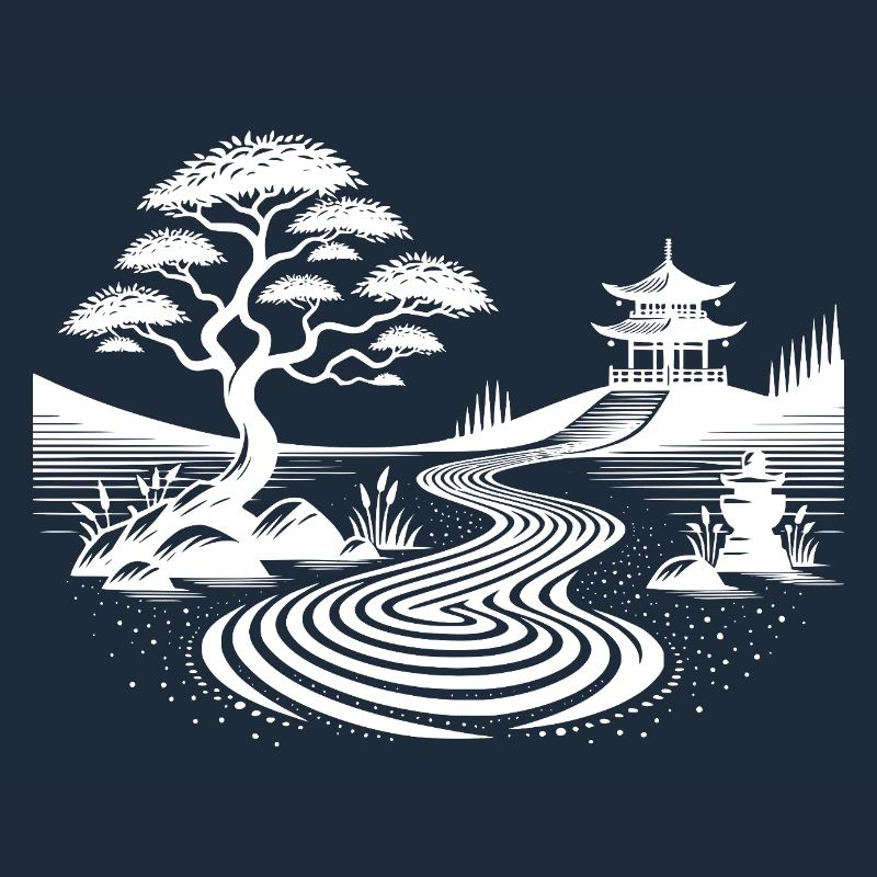 Geometrische Landschaft mit traditionellem Tempel