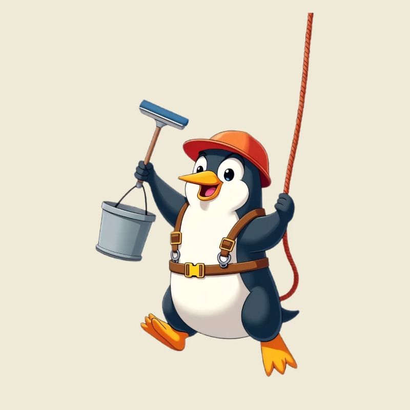 Penguin cleaning windows - Abseiling down
