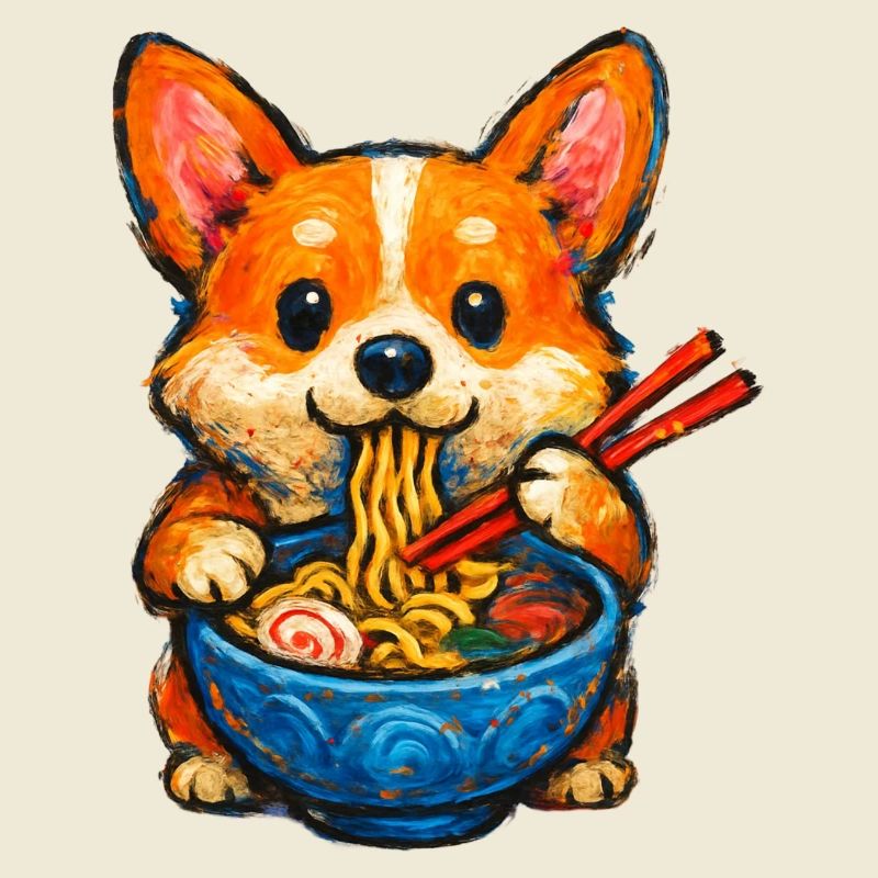 Corgi Eats Ramen Noodles
