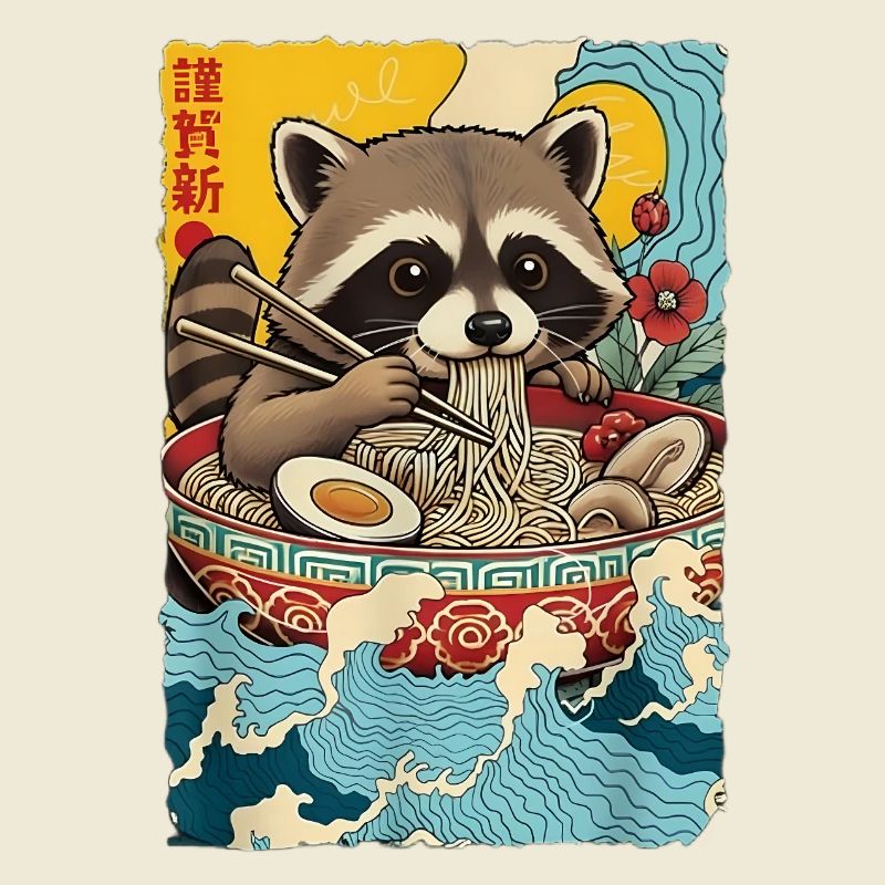Waschbaer eats ramen noodles