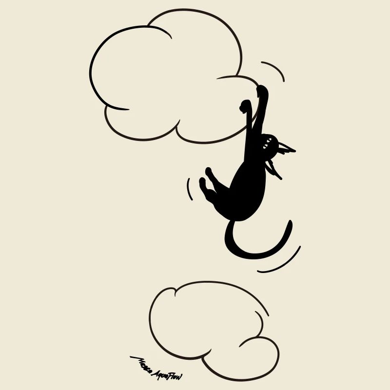 Schwarze Katze hängt an einer Wolke.