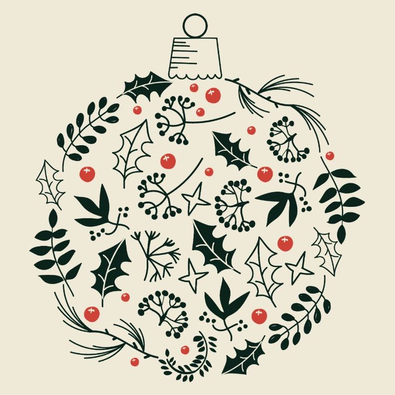Weihnachtskugel mit Stechpalme und Vogelbeerblättern
