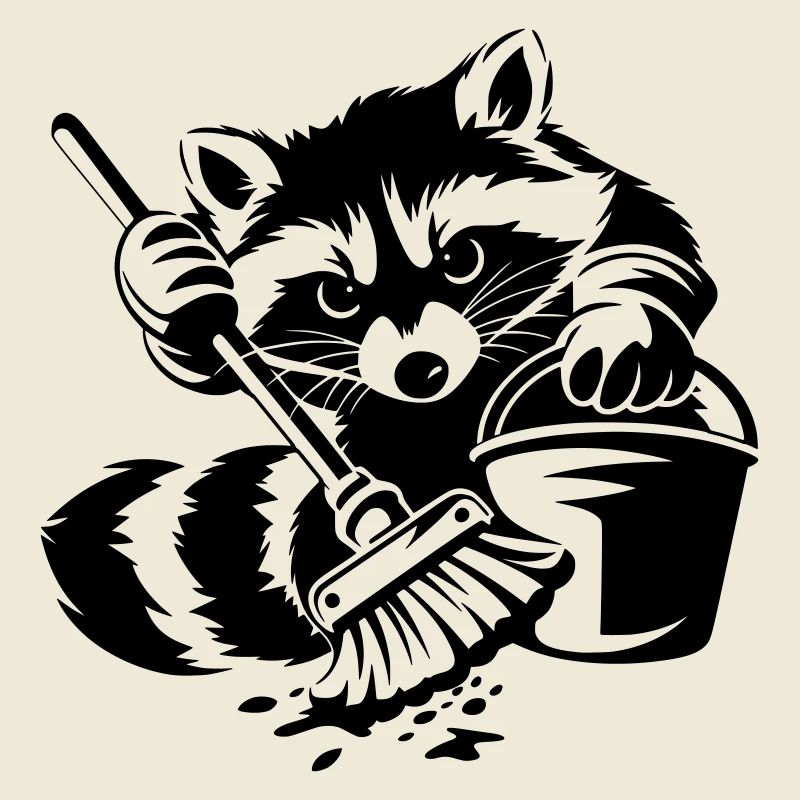 Waschbär mit Eimer & Mopp