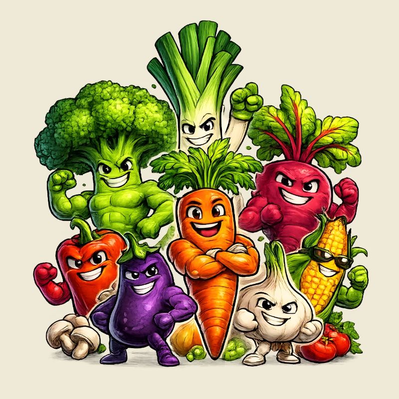 Strong vegetables in a comic look