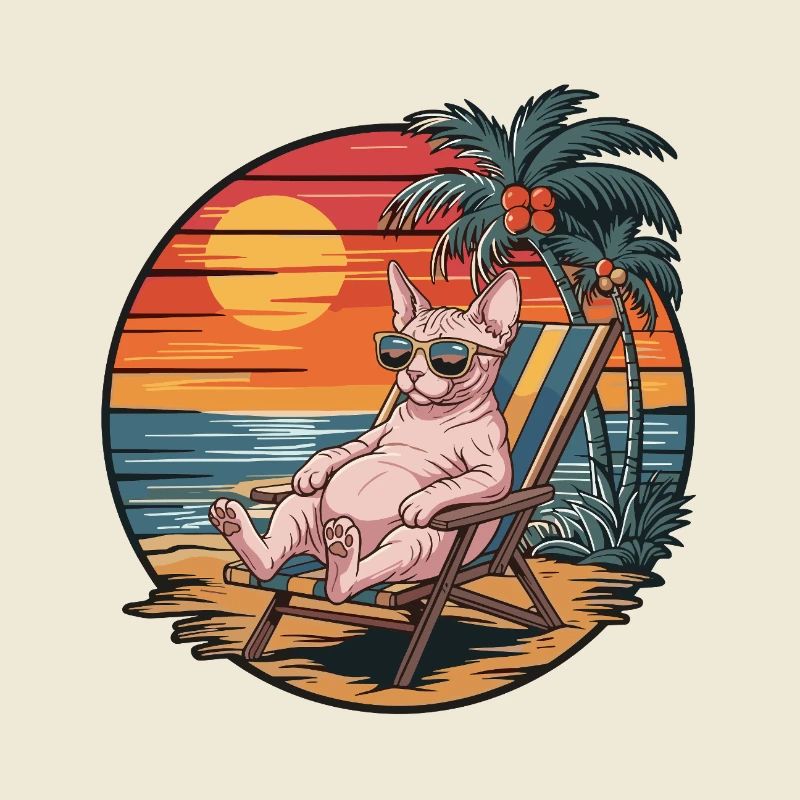 Funny Sphynx Cat on Beach Summer Vacation Sunset
