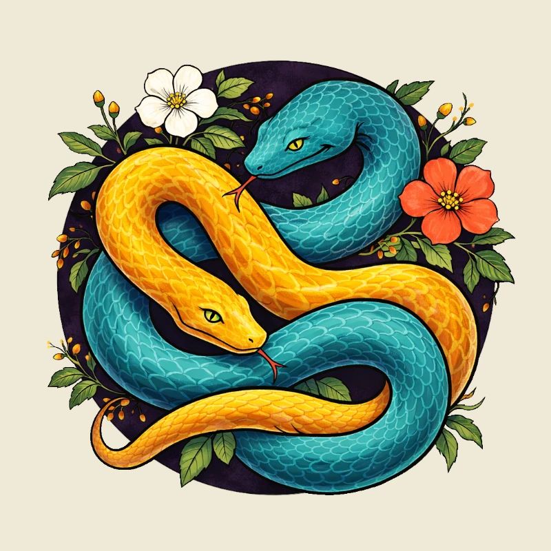 Deux serpents python dans l’anneau fleuri