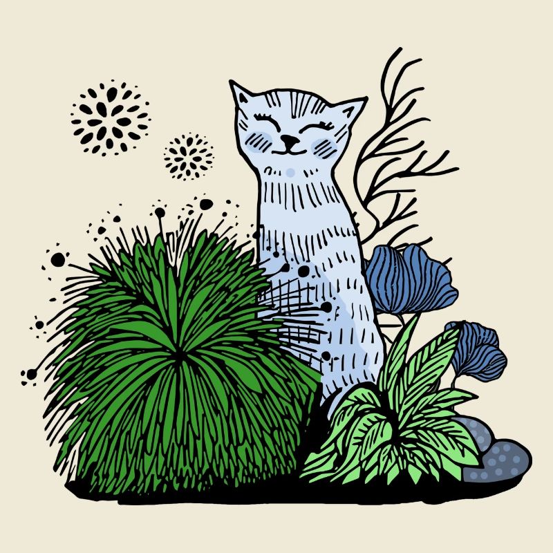Chat souriant dans le feuillage