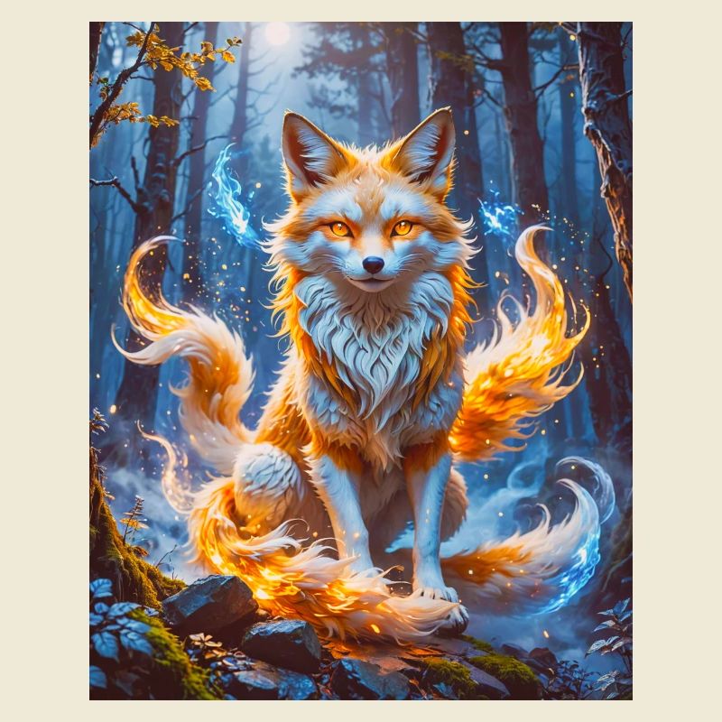 Elegant multi-tailed Kitsune with glowing foxfire
