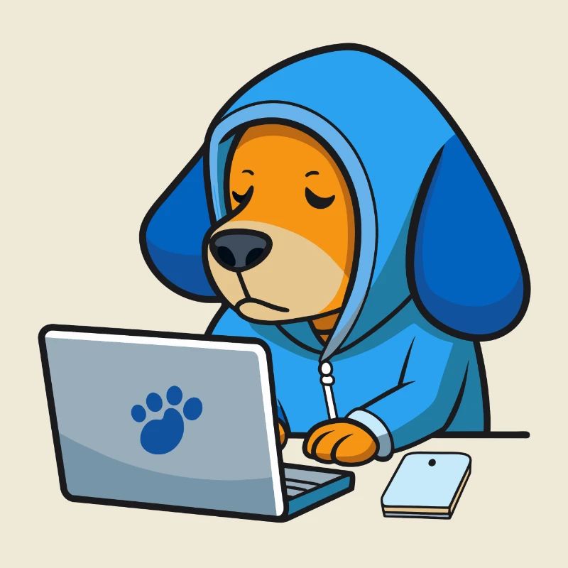 Un chien hacker mignon dort dans un sweat à capuche devant le PC