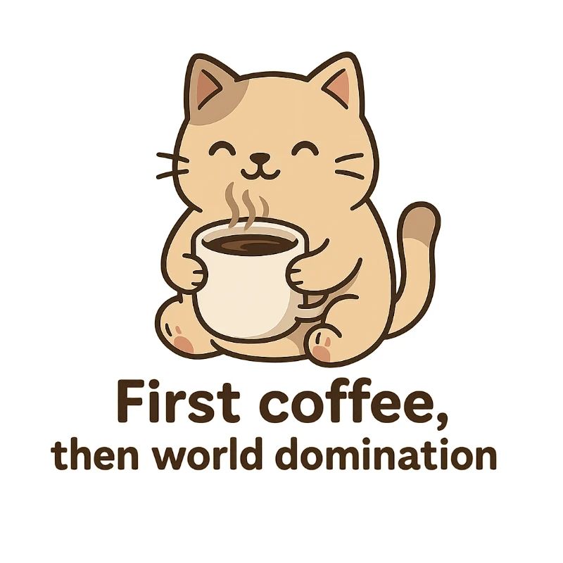 Cat with Coffee Cup and Phrase