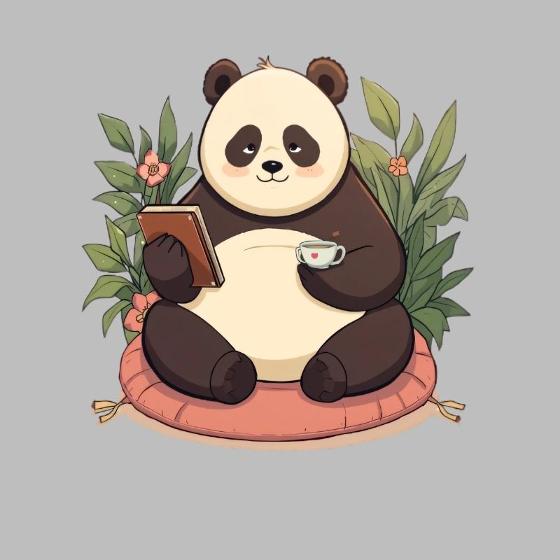 Panda reading with tea