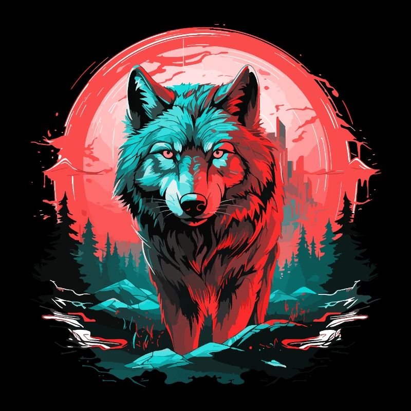 Wolf Night Moon Neon Wolf Head Forest Nature Mountains