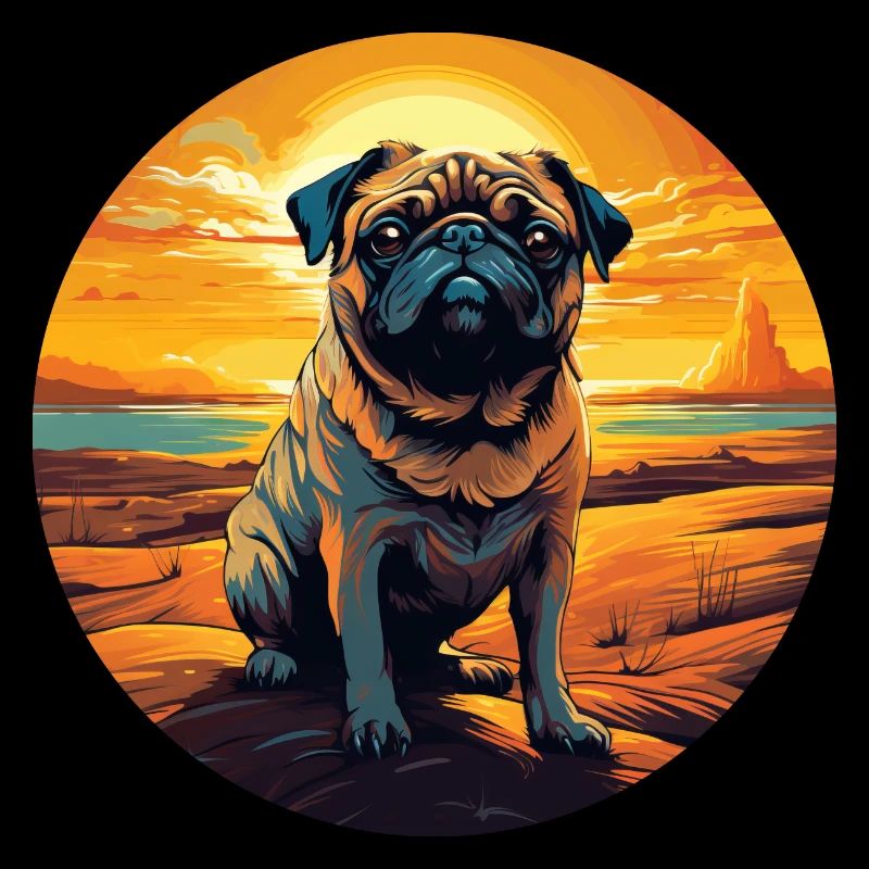 Mops in der Wüste bei Sonnenuntergang