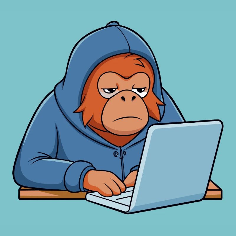 Mignon orang-outan hacker dans un sweat à capuche devant le PC