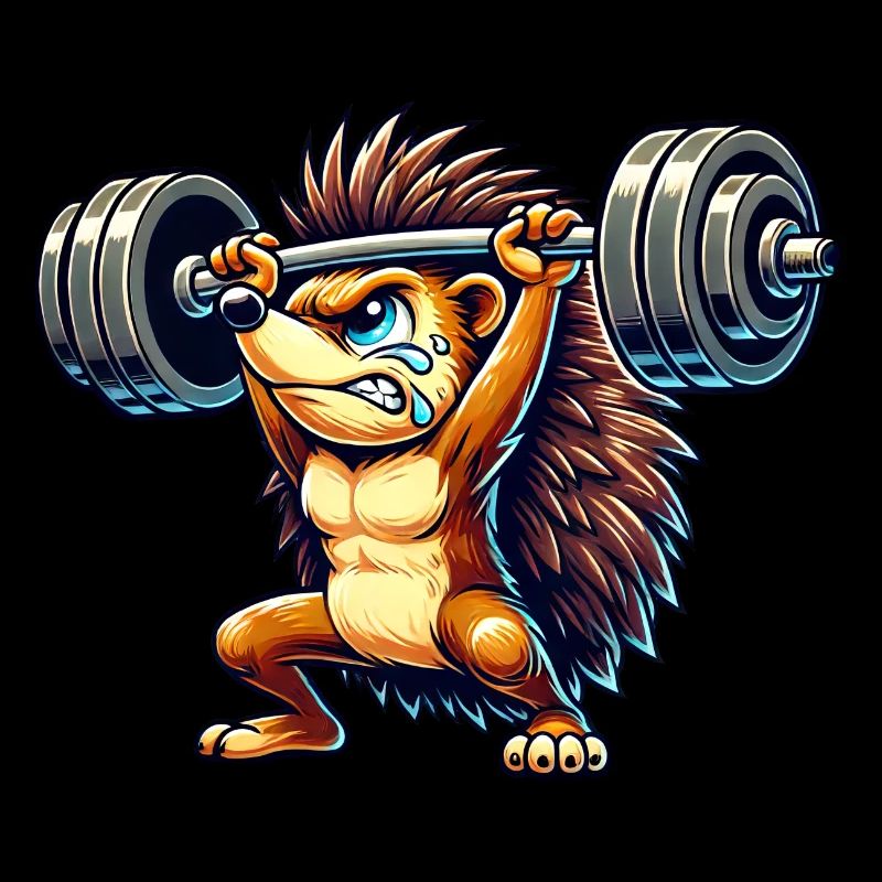 Strong hedgehog weightlifter with dumbbell comic animal