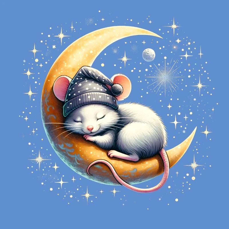 peacefully sleeping mouse, on a crescent moon
