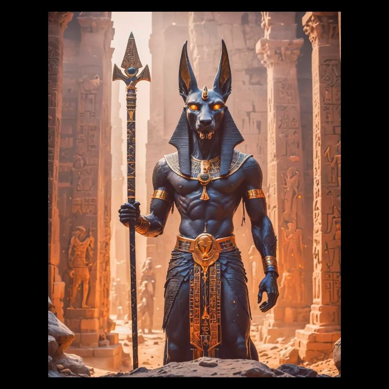 Anubis, dieu à tête de chacal, debout dans un