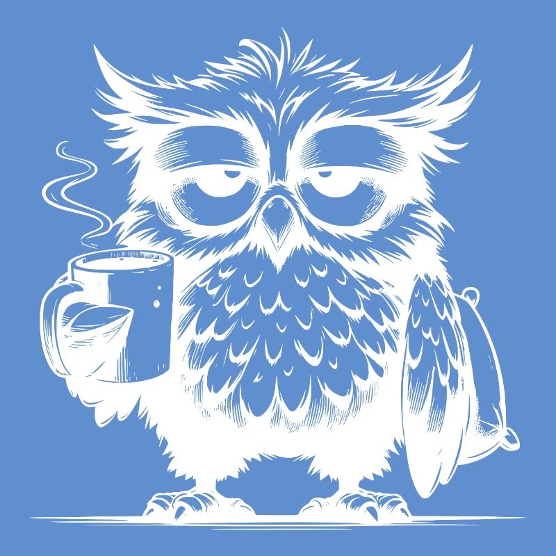 Lustige müde Comic Eule mit Kaffee Defizit