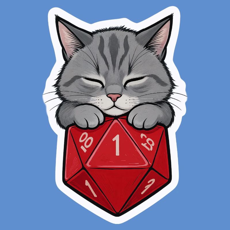 Bébé chat endormi sur D20 Cube – Dessin animé
