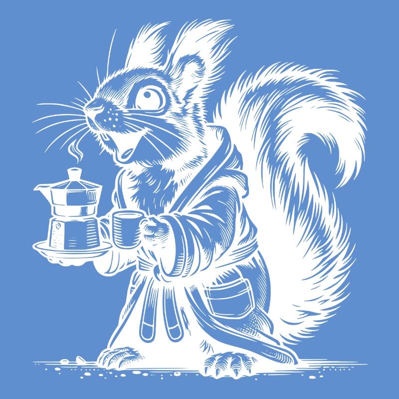 Squirrel with strong coffee in bathrobe