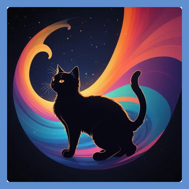 Chat noir devant les couleurs de l’arc-en-ciel