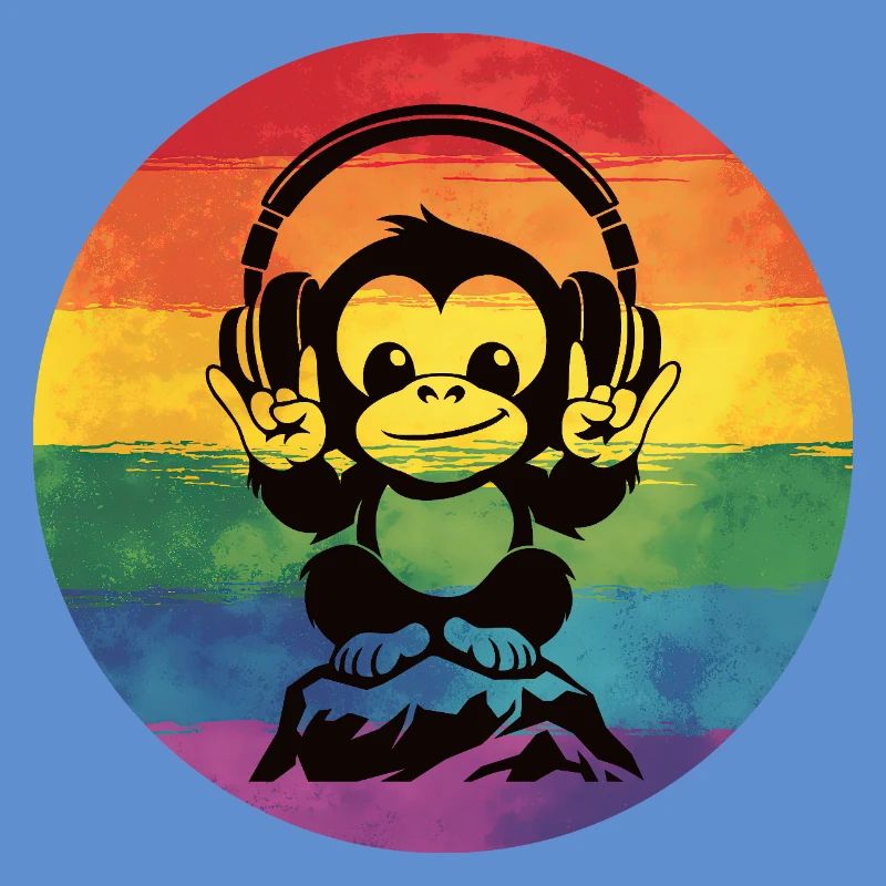 Regenbogen DJ Affe – Kopfhörer Rockhandzeichen