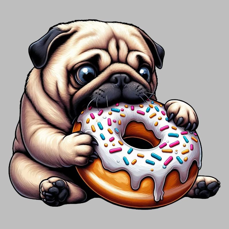 Carlin mignon avec beignet dessin animé Snacking drôle