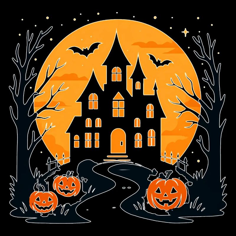 Spooky Halloween castle with pumpkins