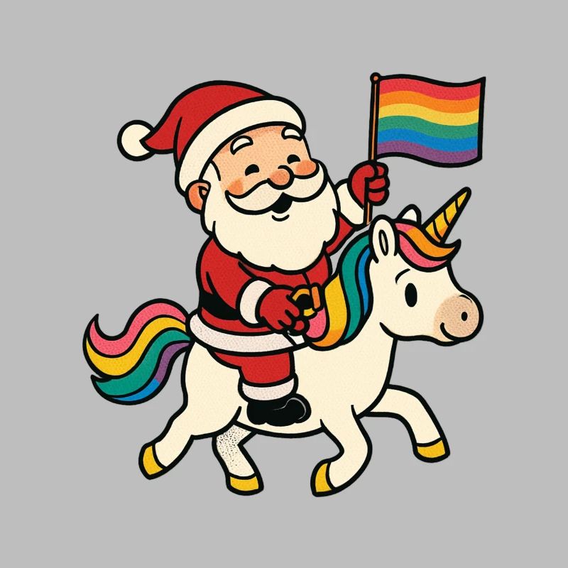 Süßer Weihnachtsmann reitet Einhorn mit Regenbogen