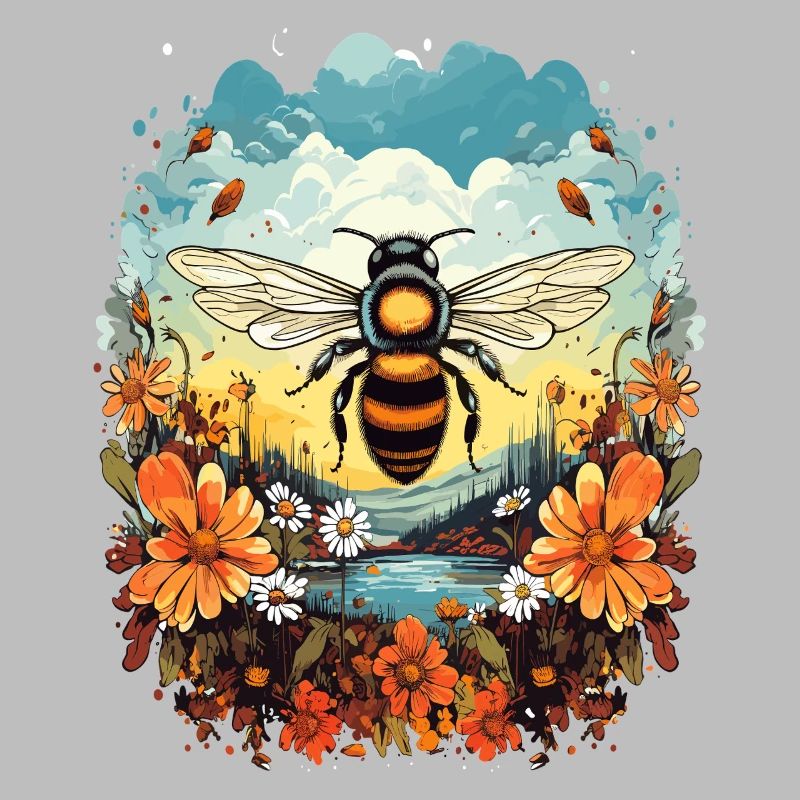 Bee light over flower meadow