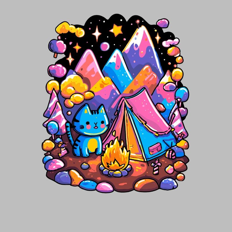 Glowing Mountains Cat Camping Magic