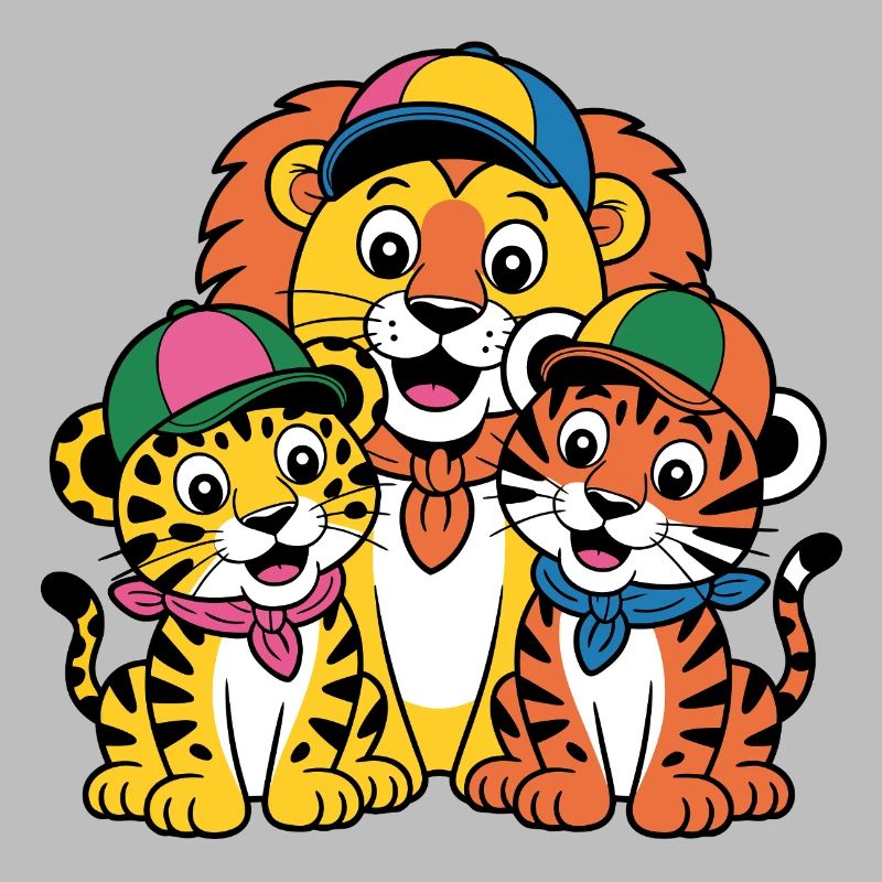 Fröhliche Tierfreunde Trio Löwe Tiger Leopard