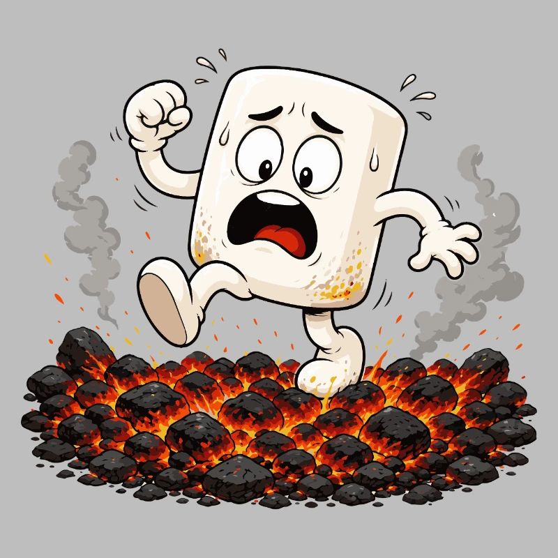 Marshmallow walks over glowing coals