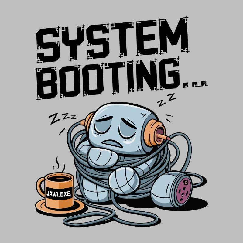Sleepy Robot Booting with Java.exe Coffee – Funny