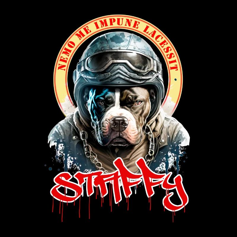 Staffie biker avec phrase nemo me impune lacessit