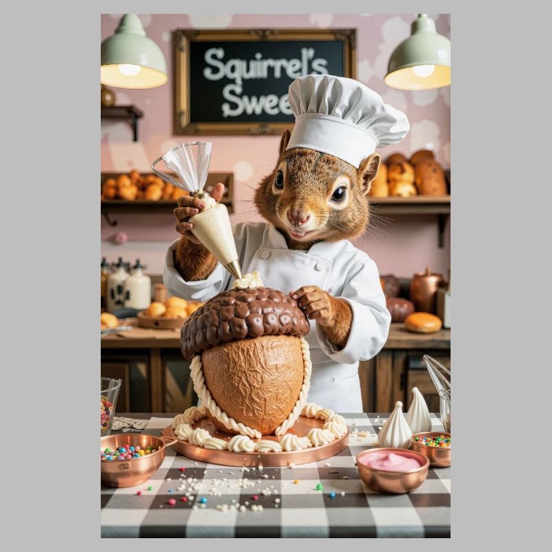 Chef écureuil humanoïde avec gâteau au chocolat