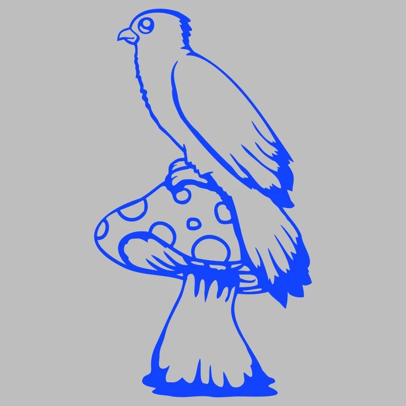 Bird sitting cute big mushroom dots toadstool