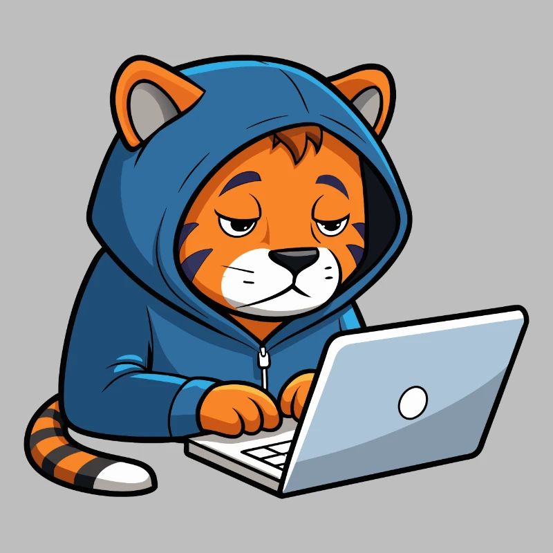 Le mignon hacker Tiger dort dans un sweat à capuche devant le PC