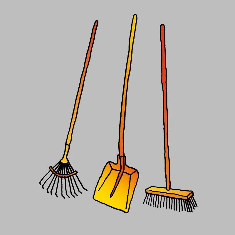 Leaf rake, shovel and broom