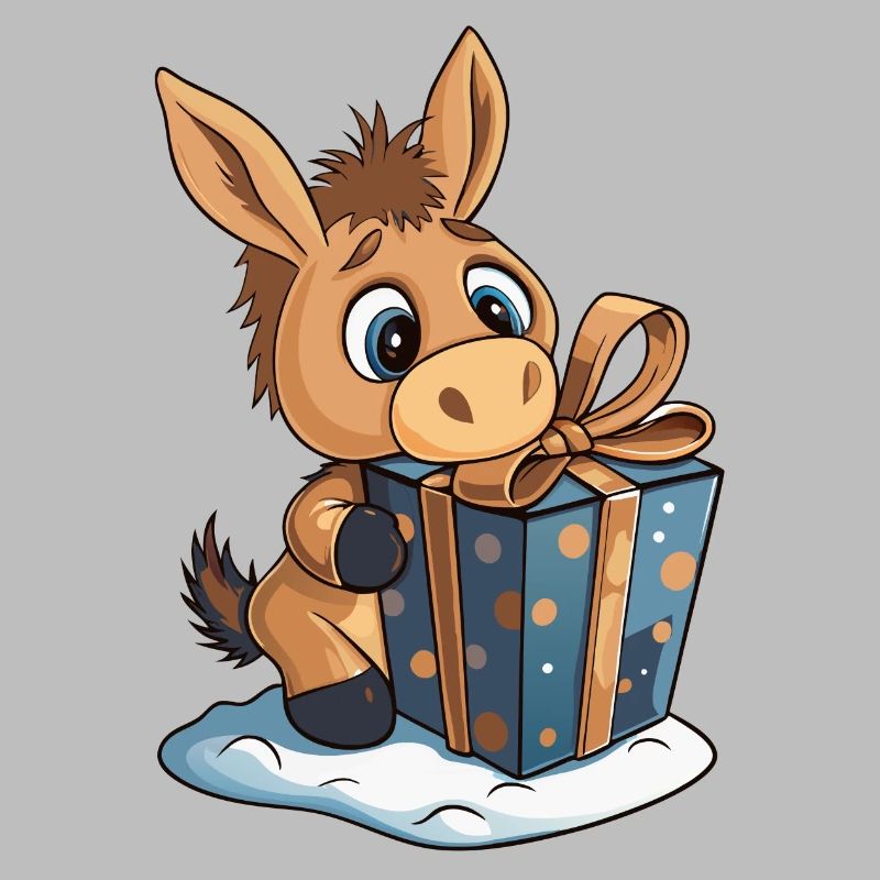 Cute donkey unwrapping gift