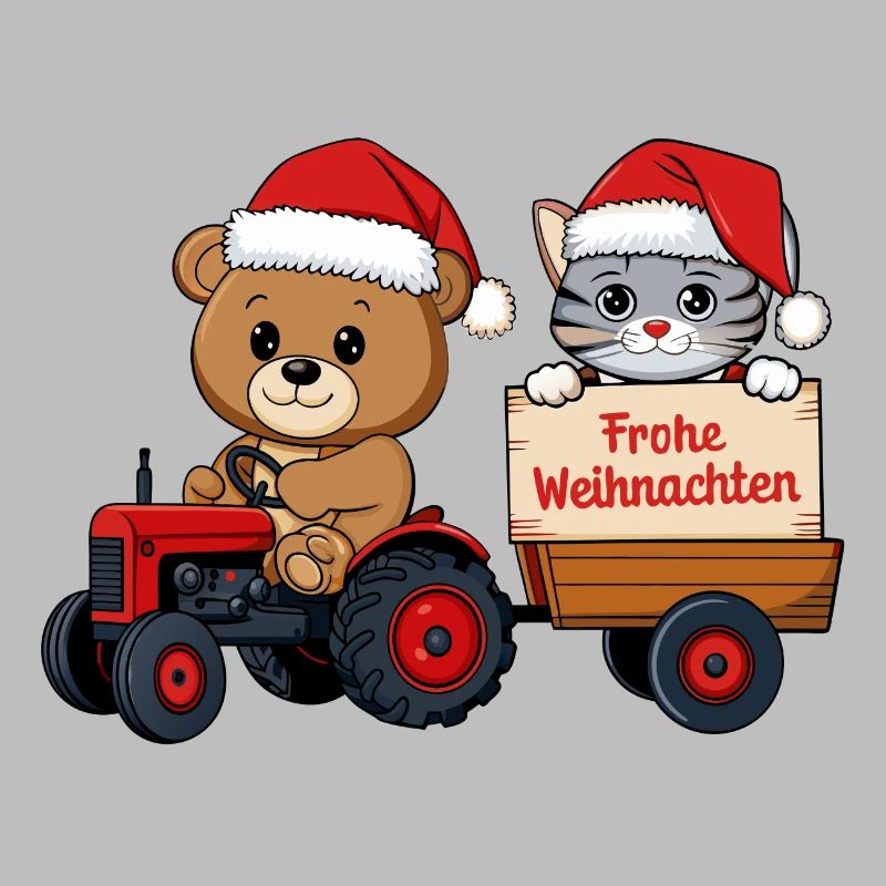 Teddy als Weihnachtsmann mit Traktor und Kätzchen
