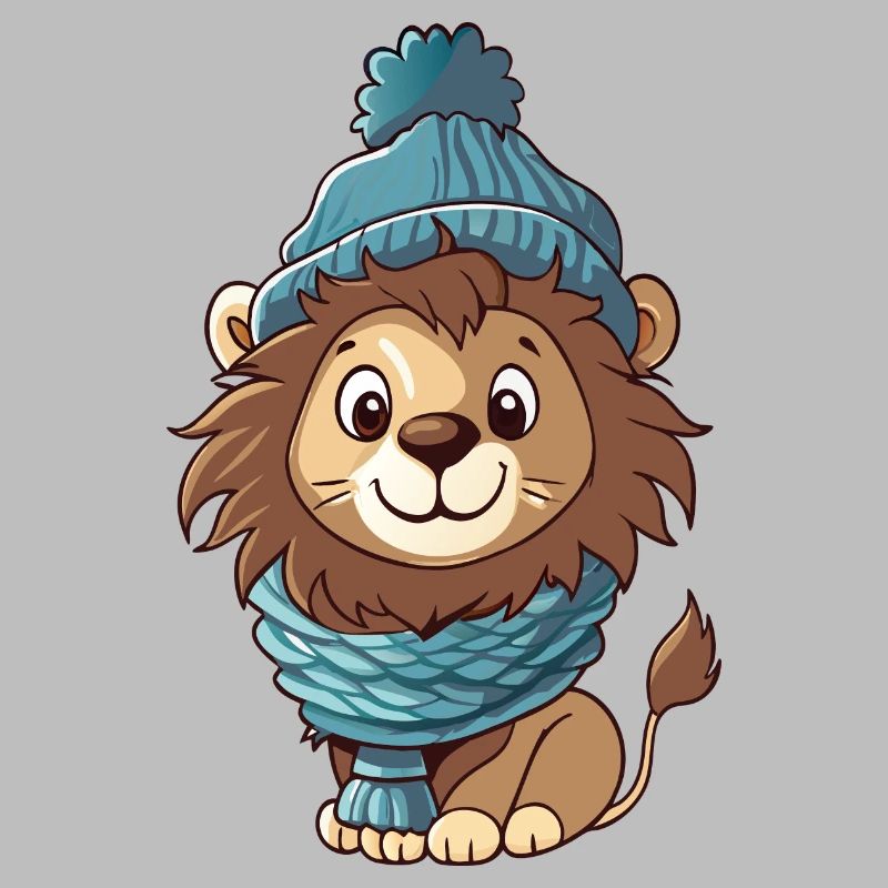 Mignon lion avec écharpe et chapeau à pompon.